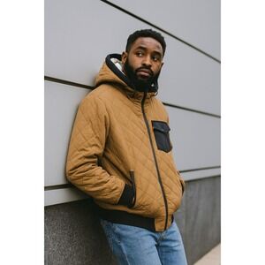 Levi's Quilted Sherpa Lined Bomber Jacket Mens Tan Black Hooded Workwear Large